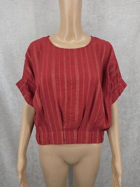 Velez Classic Deep Red & Metallic Gold Short Sleeve Blouse Drop Shoulder Top